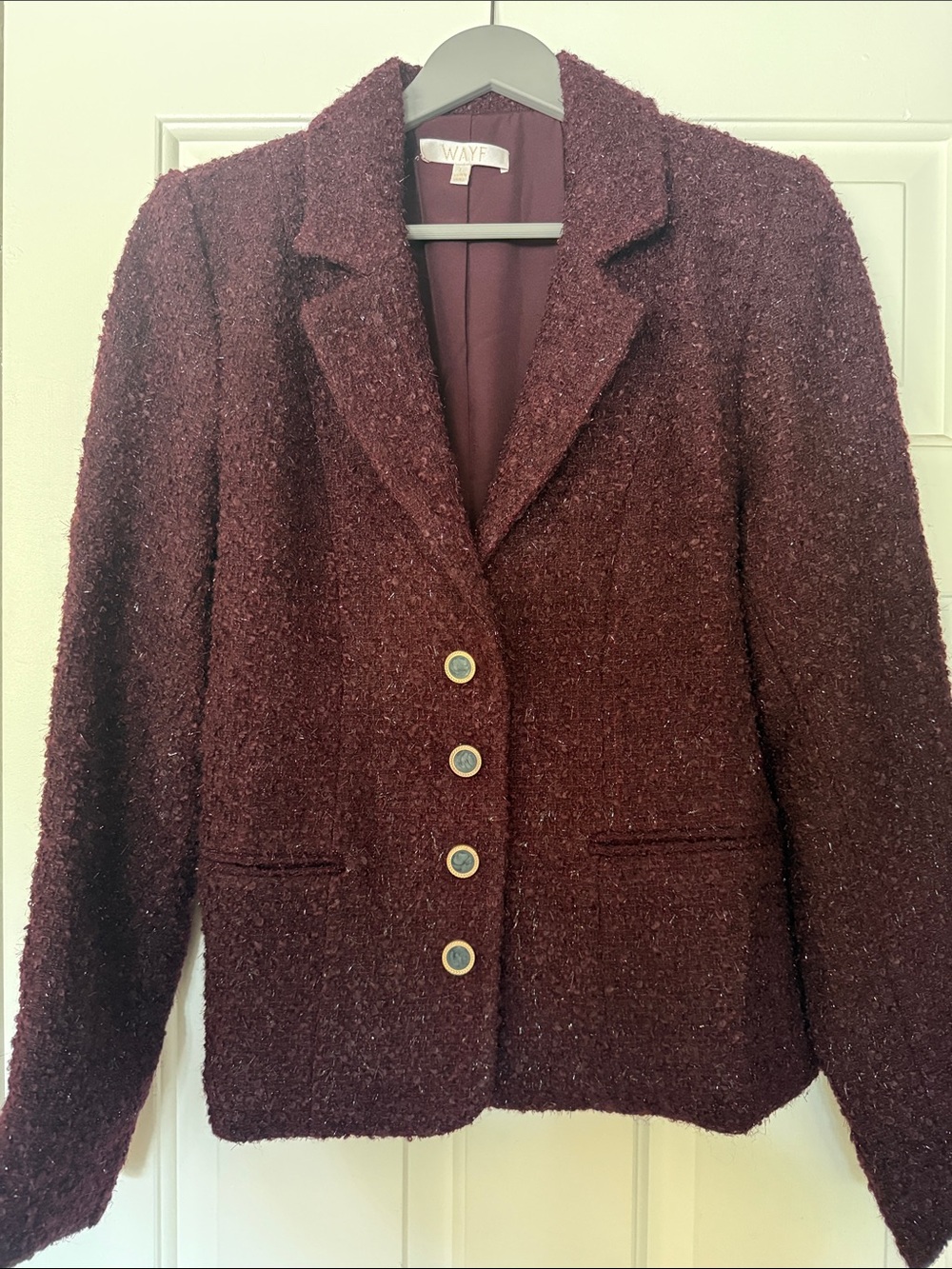 Wayf Wine Bouclé Blazer with Gold Buttons